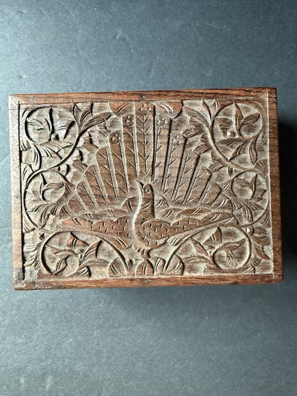 Vintage Hand Carved Wood Trinket Box Peacock Bird Floral Jewelry Keepsake Box